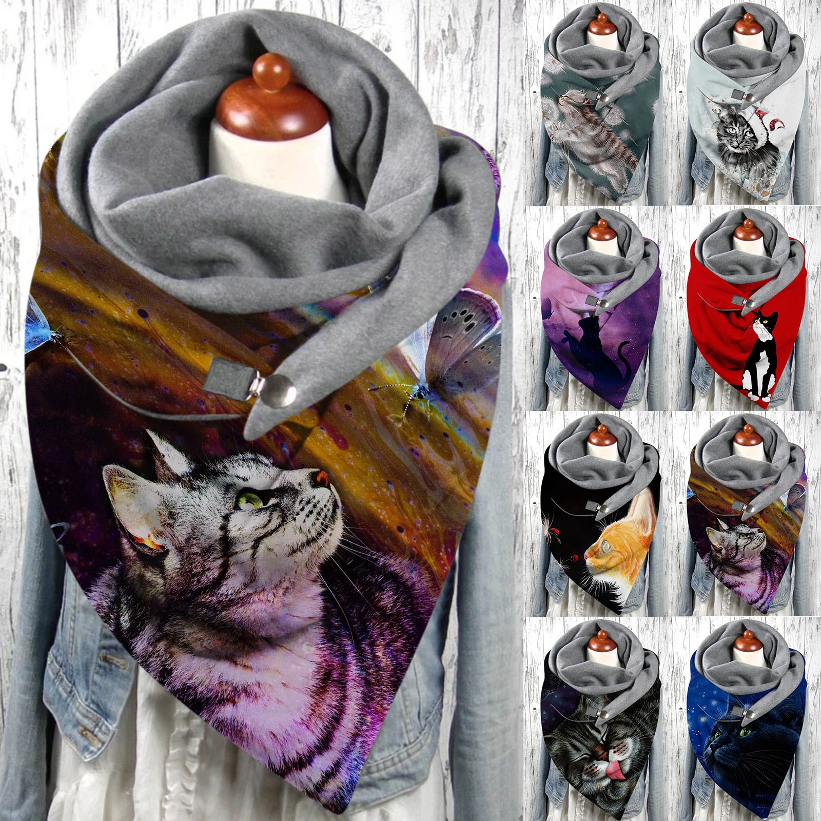 가을 겨울 따뜻한 고양이 인쇄 더블 레이어 버클 부드러운 편안한 스카프 따뜻한 스카프 Shawls 스카프 Foulard Femme Neck Bandana